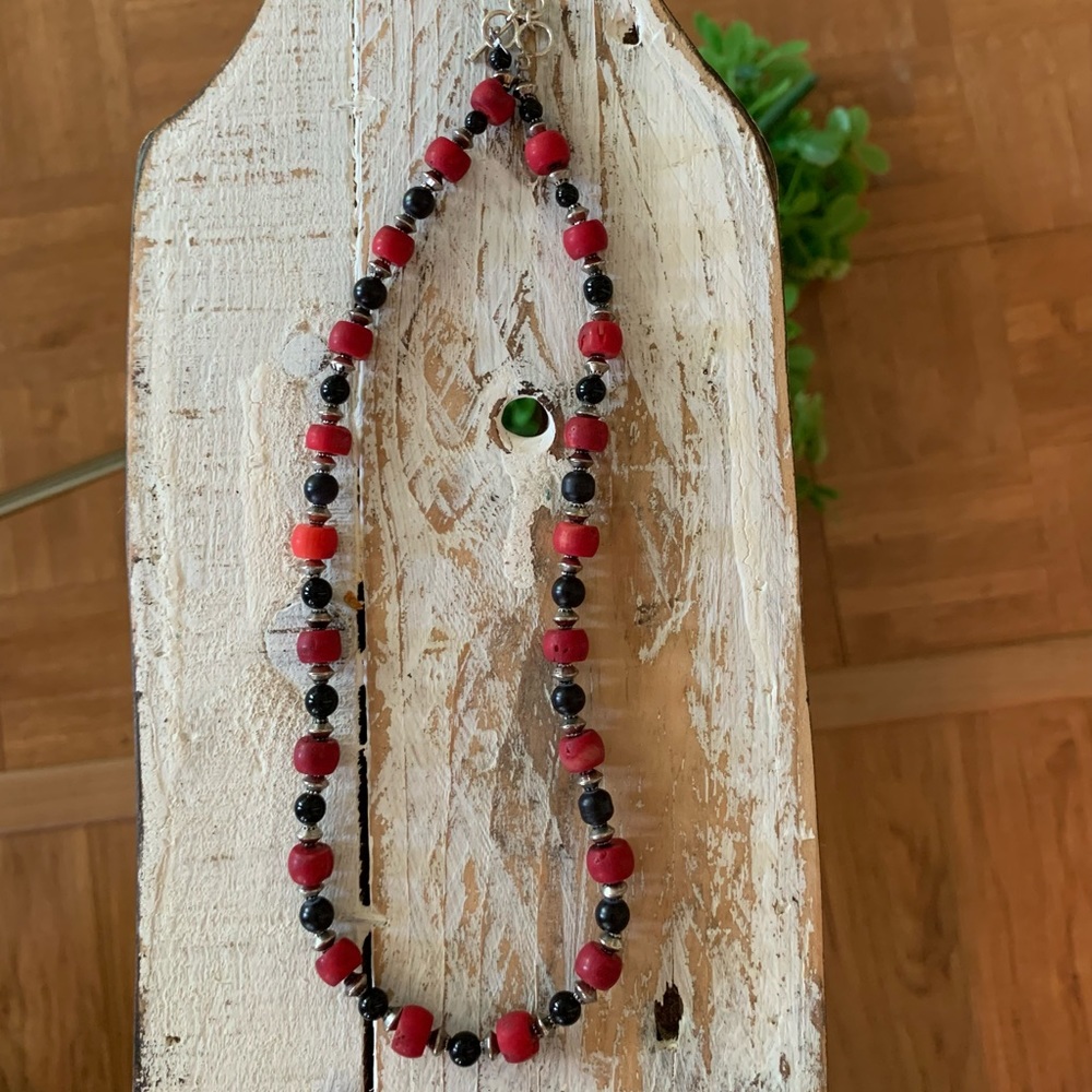 Vintage Sterling Silver, Coral, and Black Onyx Necklace
